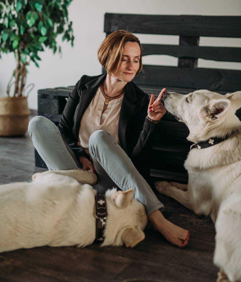 Webdesignerin Lilija Olm mit ihren beiden Schäferhunden